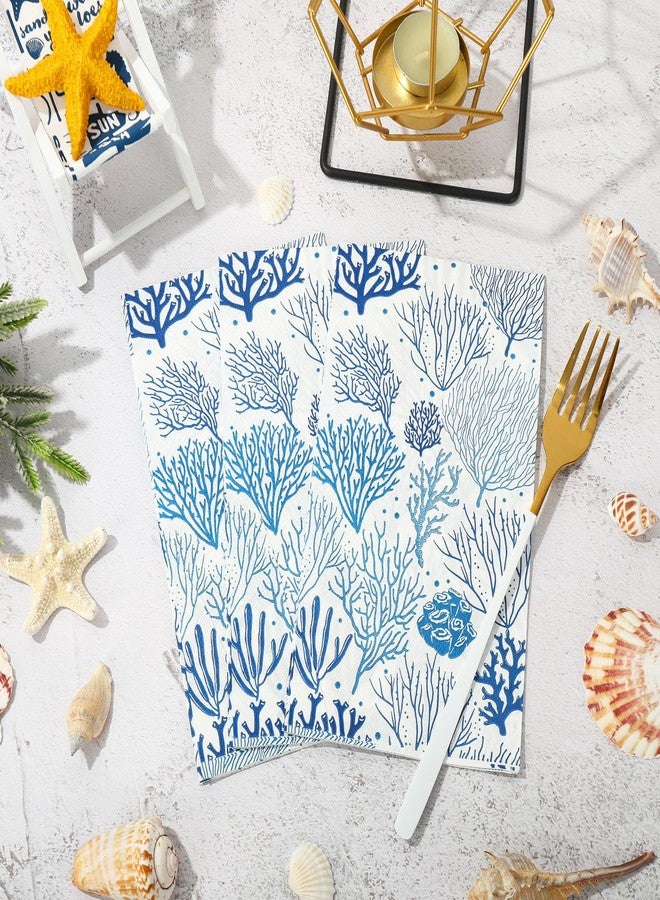 JarThenaAMCS مناديل ورقية للضيوف من جارثينا إيه إم سي إس، 100 قطعة، بتصميم الشعاب المرجانية، أبيض وأزرق، 3 طبقات، للاستخدام مرة واحدة، بنمط شاطئي، مثالية لحفلات العشاء وتزيين الطاولات. - Image 4